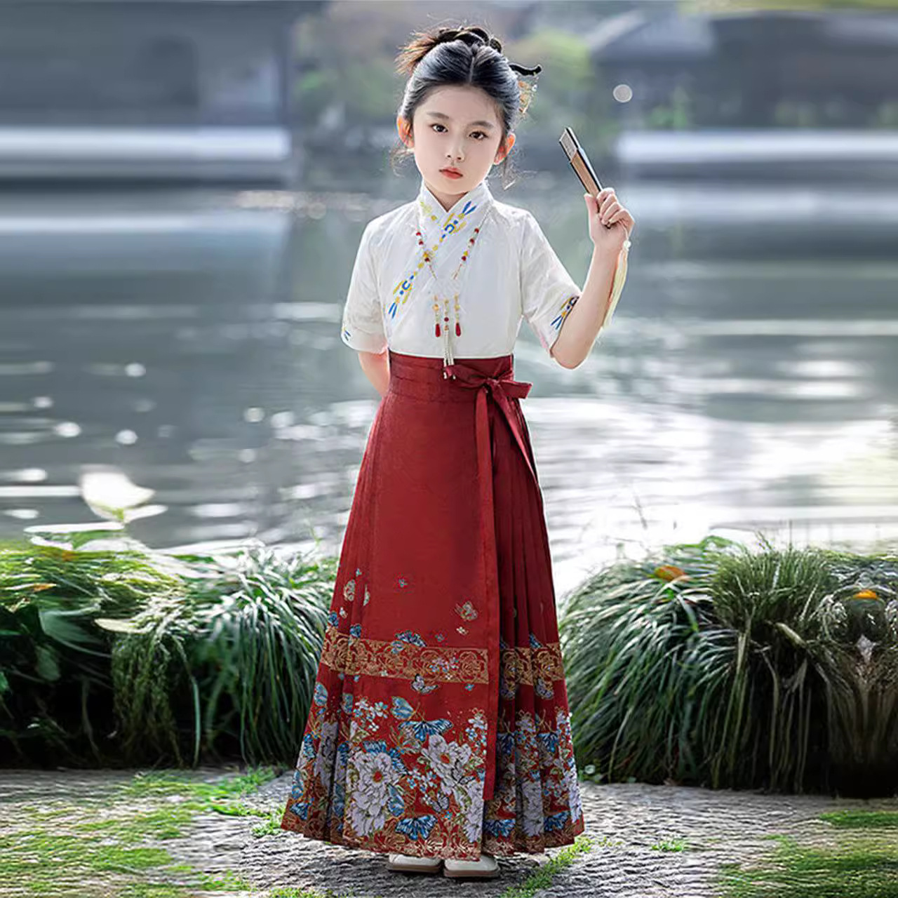 高端织锦女童明制汉服套装2024夏儿童古装马面裙女宝童装半身裙子