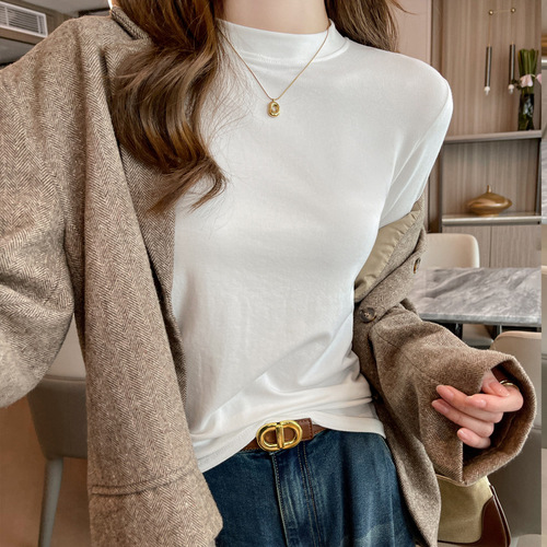 Women's Modest Small Stand Collar Straight Shoulder Base Shirt, Can Be Worn as Innerwear or Outerwear, Round Neck Long Sleeve Top T-Shirt, Suitable for Spring and Autumn and Winter