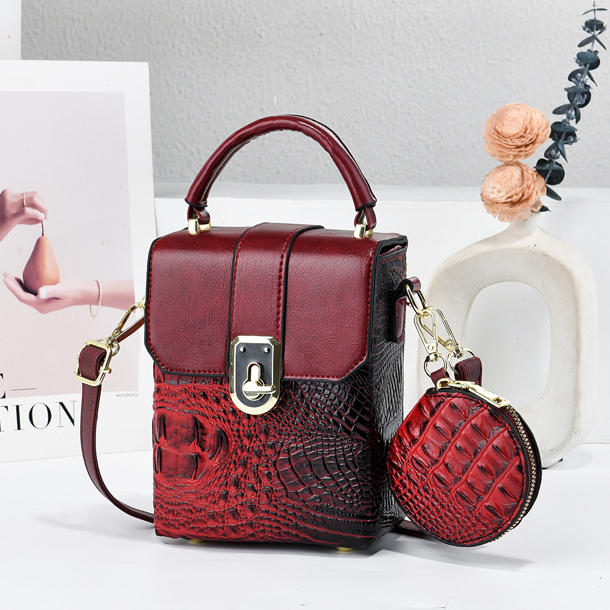 Dos paquetes de bolsas de cocodrilo compactas, bolsas de cubo, mini bolsas de mano, bolsas de hombro, bolsas transfronterizas