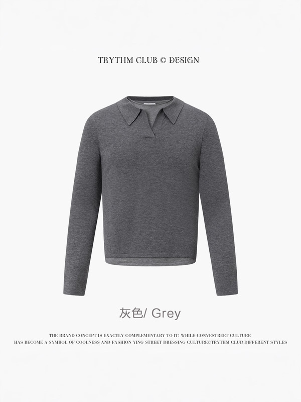 TRYTHMCLUB 高级风polo衫海鸥领假两件宽松长袖针织毛衣情侣T恤上|undefined