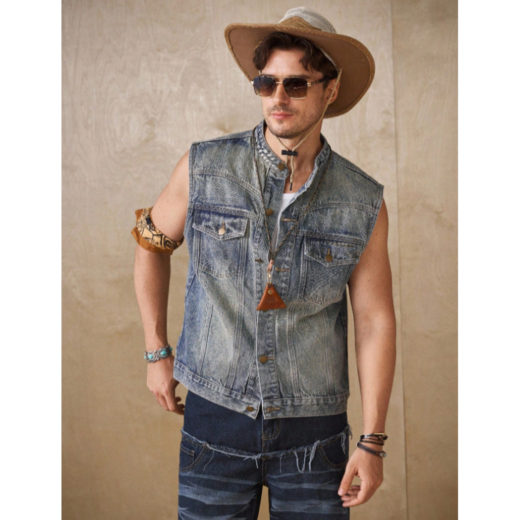 Men's Denim Jacket Style Fashion Trendy Street Short Sleeved Vest Best Selling Item_voghion.com