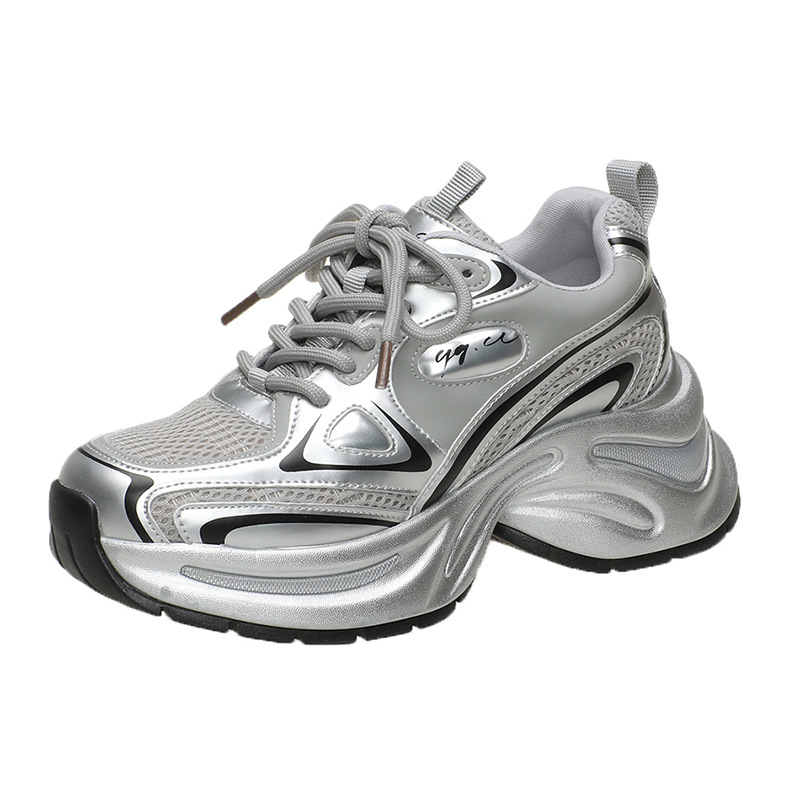 Bailu mismo estilo zapatos de papá de suela gruesa mujer 2024 nueva malla de primavera transpirable plata retro realce zapatos deportivos casuales