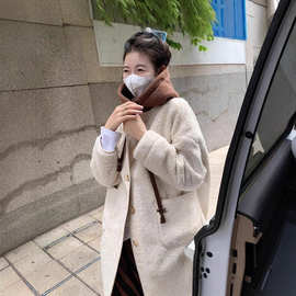 新款通勤百搭羊毛羔连帽长袖开衫外套女秋冬小个子单排扣短外套女