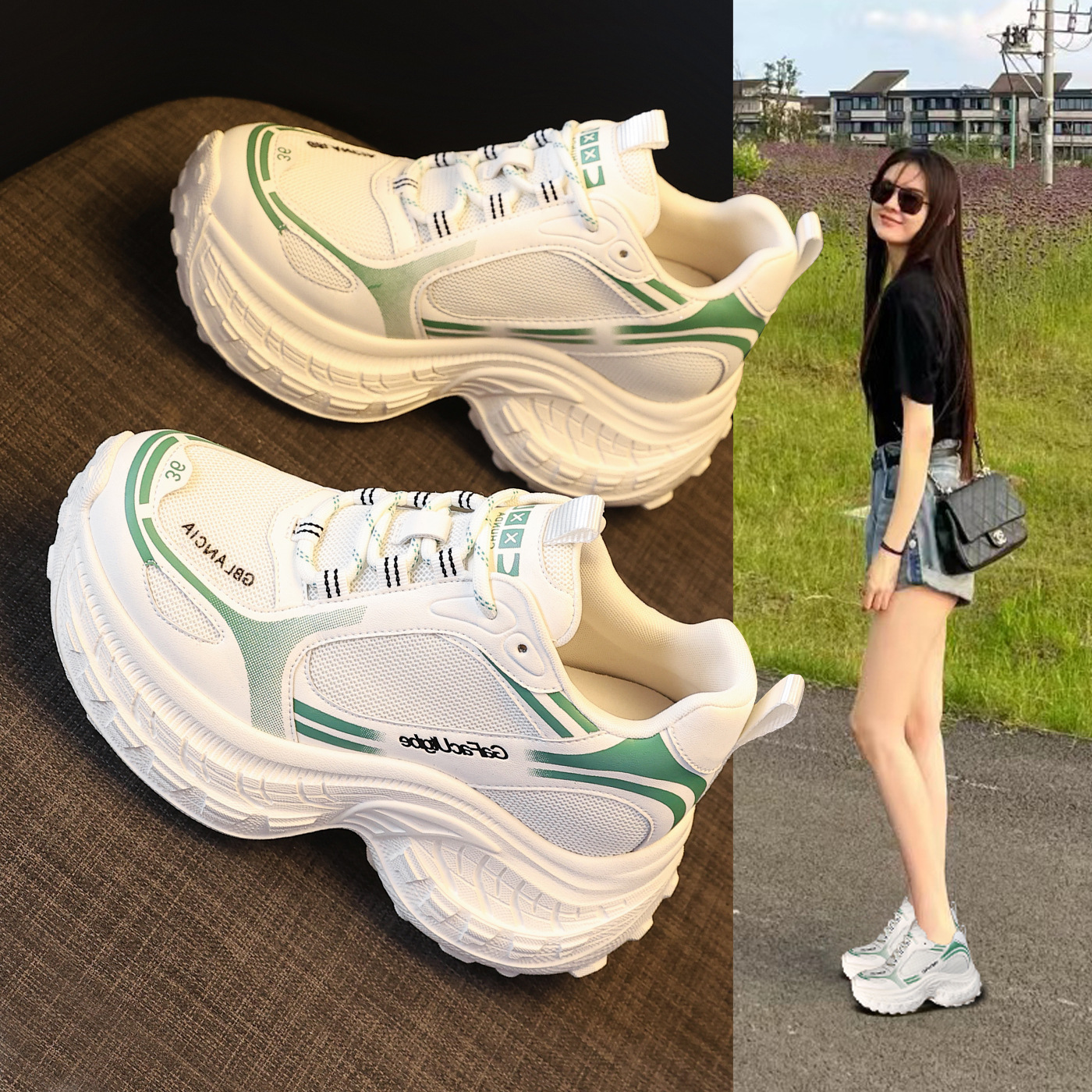 Giày sneaker nữ chunky đế dày lưới thoáng khí, tăng chiều cao bên trong — Xanh lá cây nhạtcolor