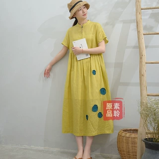 文艺细亚麻小立领贴布手绣双层连衣裙高腰显瘦中长棉麻袍子S1501