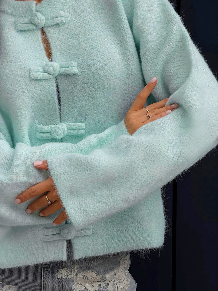 Áo cardigan len dài tay cổ tròn màu trơn cài khuy, form rộng — Màu tím, Xanh nhạt, Xanh quân đội, Xanh rêu đậm chi tiết 7