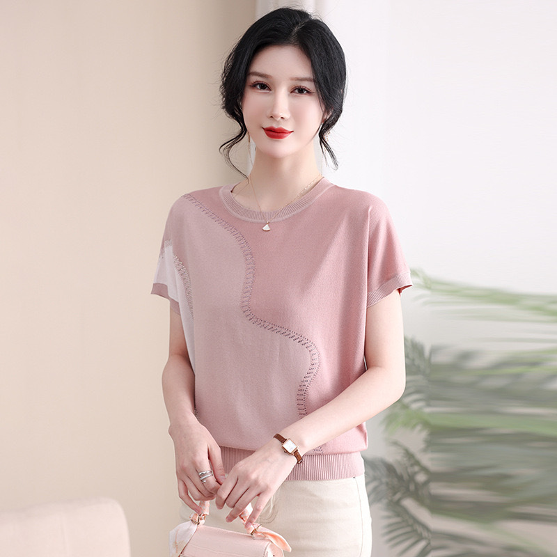 Young Mother's New Ice Silk Round Neck Summer Short-sleeved T-shirt Middle-aged Women's Elegant Loose Thin Knitted Top