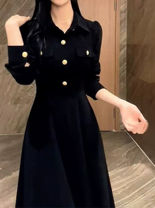 高冷御姐风黑色气质翻领连衣裙女2025秋冬新款赫本风收腰显瘦长裙|undefined