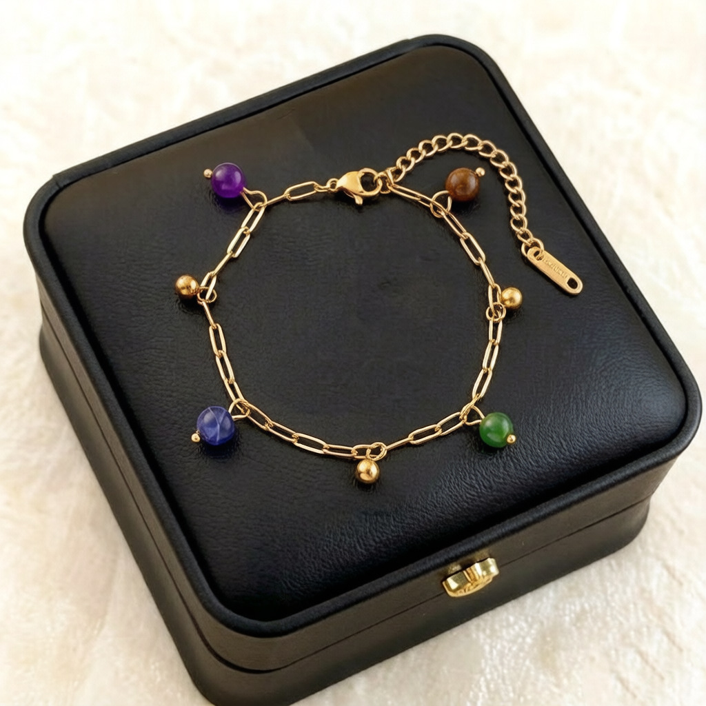 Nuevo colgante de piedra de color de verano pulsera de tobillo de lujo ligero nicho de oro 18 quilates diseño de moda de cadena de sentido de pie Europa y América transfronteriza