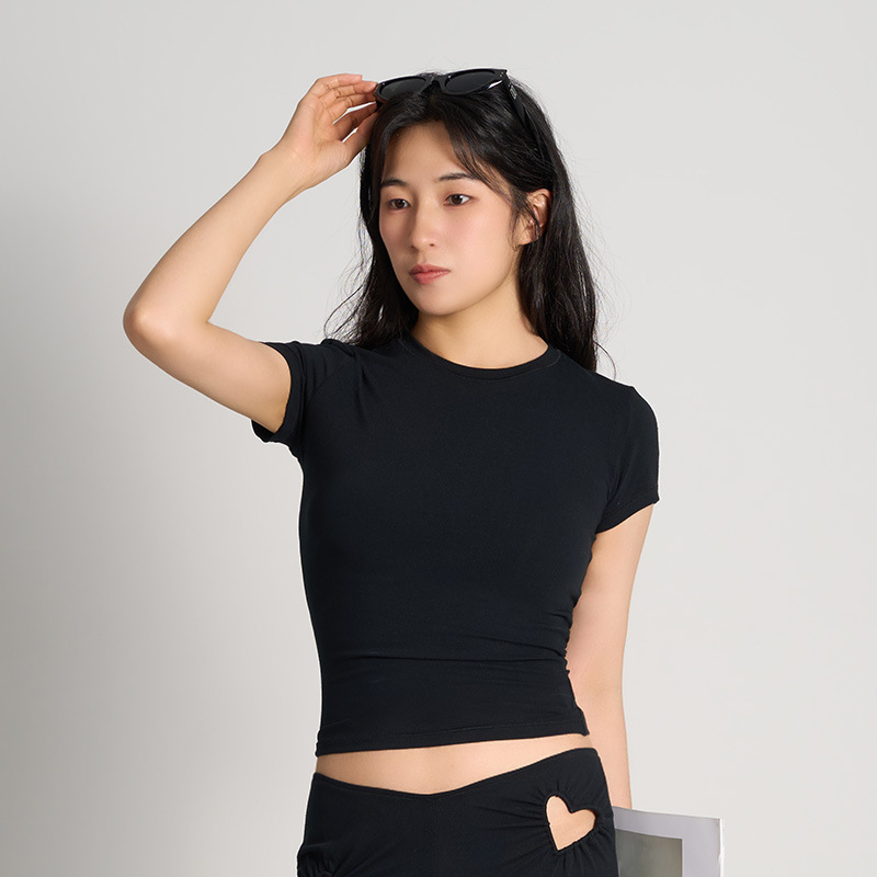 SKIMSと同じスタイルのコットンジャージーTシャツ、女性用高伸縮性スリムフィットスポーツフィットネスTシャツ|undefined