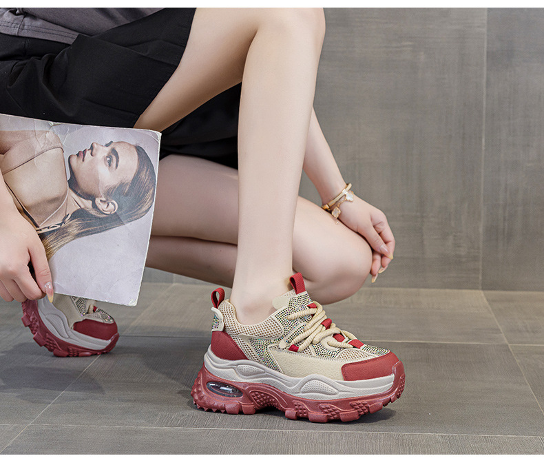 Giày sneaker nữ chunky đế dày phong cách retro, tăng chiều cao, đính đá lấp lánh — M2911 vàng, M2911 be, M2911 đỏ, M2911 xanh lá chi tiết 24