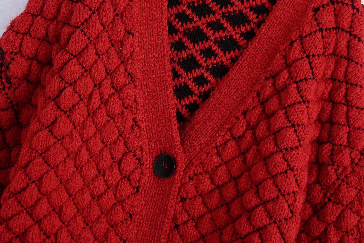 Red & Black Matching Knitted Sweater Cardigan Coat NSXFL107089