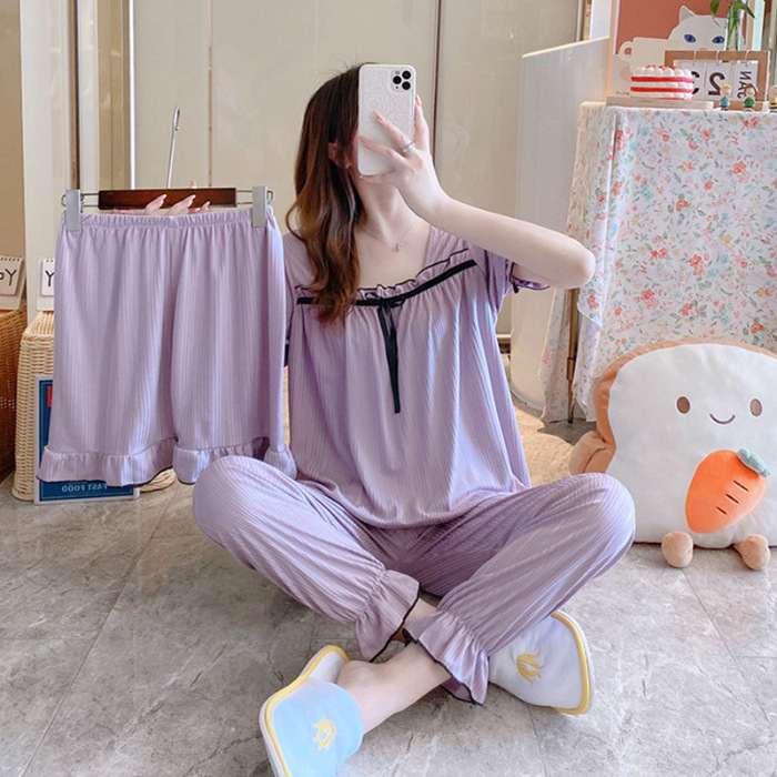 2023 pijamas traje de tres piezas de verano para niñas color sólido coreano dulce lindo verano Delgado estilo ins ropa para el hogar