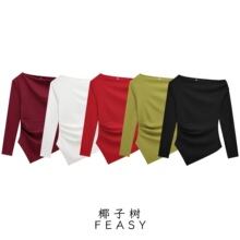 亚马逊跨境外贸欧美女装2024秋冬新款时尚简约百搭不对称弹力上衣