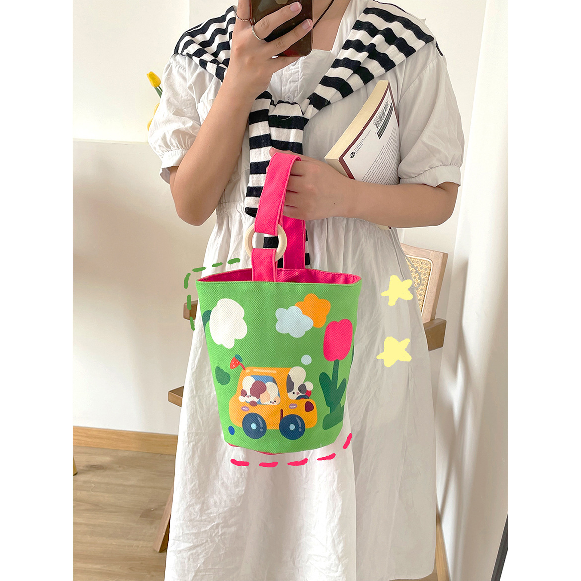 Lindo color de contraste de dibujos animados cubo bolsa de almuerzo portátil bolsa de trabajo lonchera bolsa portátil momia bolsa de mano que lleva bolsa de lona para las mujeres