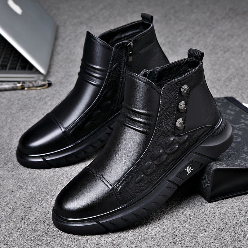 Side zipper Martin boots crocodile pattern cowhide comfortable leather boots trendy fashion all-matching work boots warm casual men's boots