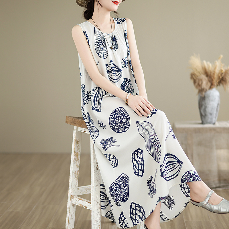 Summer New Style Middle-Aged Mom's High-End Pure Cotton Silk Nightgown Women's Home Wear Artificial Cotton Vest Dress for Outerwear