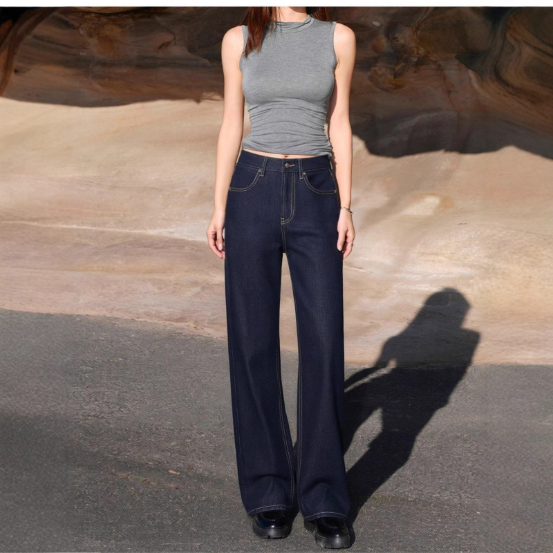 Li Shaonv Recommends Italian Imported Fabric Retro Washed Dark Blue Straight-Leg Jeans for Women, New for Spring 2026