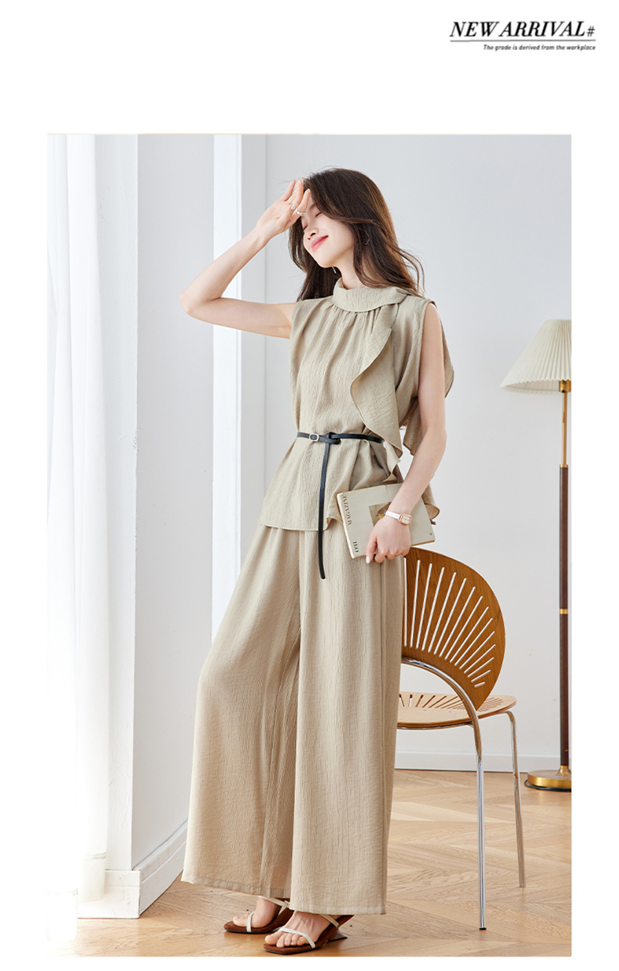 Bộ quần áo nữ hai mảnh áo sơ mi không tay phối quần ống rộng có thắt lưng — Xanh lông mòng đen, màu kaki chi tiết 15