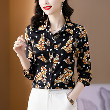 实拍POLO领长袖上衣2023年秋季时尚气质真丝印花衬衫女