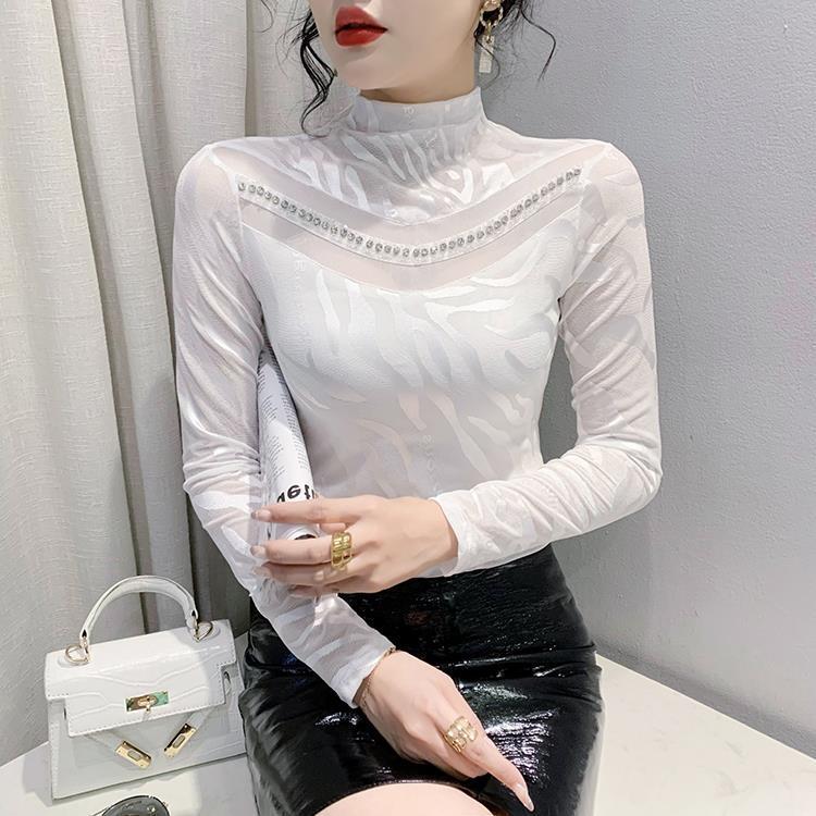 Women's Turtleneck Base Shirt Autumn Winter Mesh Geometric Pattern Stylish Top Heavy Beaded Slim Inner Top Trendy Women's Turtleneck Base Shirt Autumn Winter Mesh Geometric Pattern Stylish Top Heavy Beaded Slim Inner Top Trendy