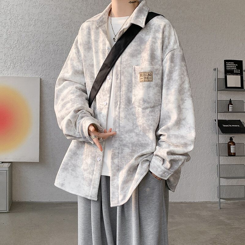 加绒衬衫男秋冬加厚保暖宽松大码衬衣美式设计感小众扎染脏脏外套