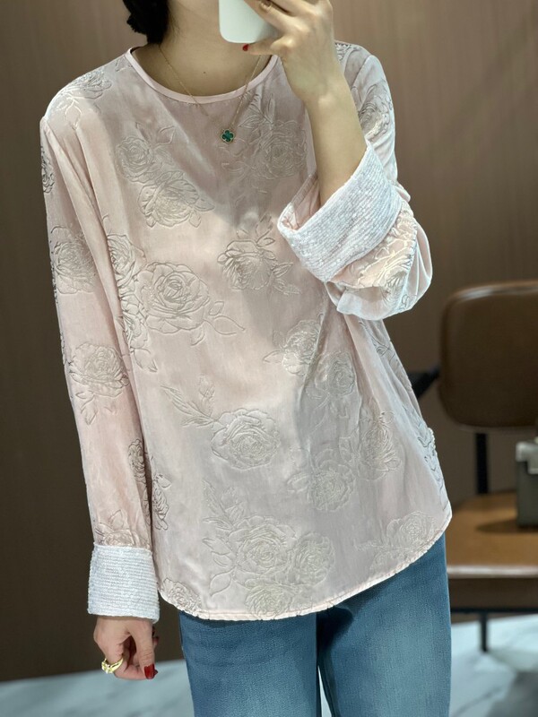 Pink Rose Bronzing Silk Velvet Top Cuff Stitching Sequins Light Luxury Gentle Shirt 115