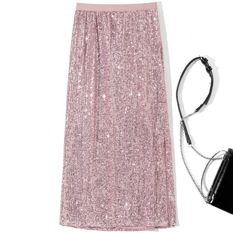 B1770 2025 Spring New Women's Elastic Waist Sequin Side Slit One-Step Skirt Mid-Length Skirt
