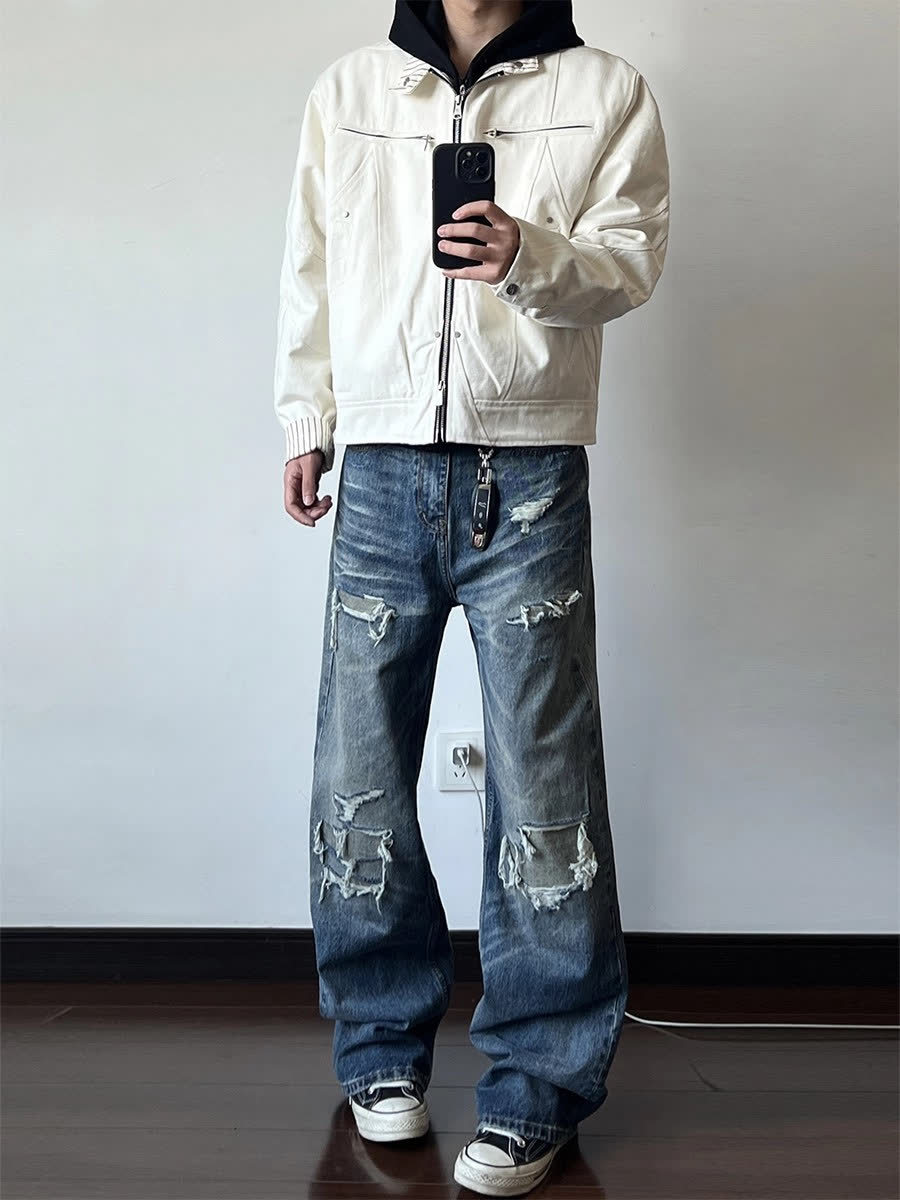 Men's Distressed Washed Denim Jeans With Rip & Frayed Details, Loose Fit Straight Leg Pants, Vintage Streetwear Style For Casual Wear_mkmklike.com