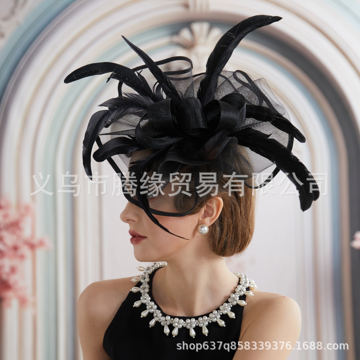Cross-Border Amazon Mesh Feather Headdress Hairpin Bride Wedding Party Hair Accessories Tea Party Head Flower Female Retro Style