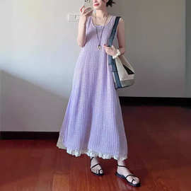 裙子女夏季2024新套装海边度假沙滩紫色吊带连衣裙夏装搭配一整套