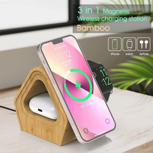 New bamboo material three-in-one magnetic wireless charger for Apple Watch iPhone AirPods none