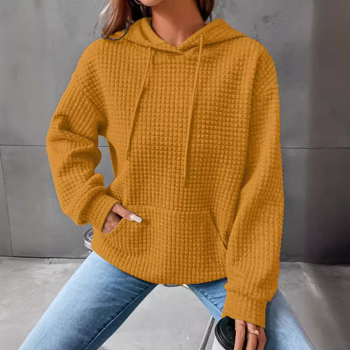2024 Cross-border Autumn/Winter New Honeycomb Amazon Bestseller European and American Fashion Women's Long Sleeve Hoodie Solid Color Hoodie