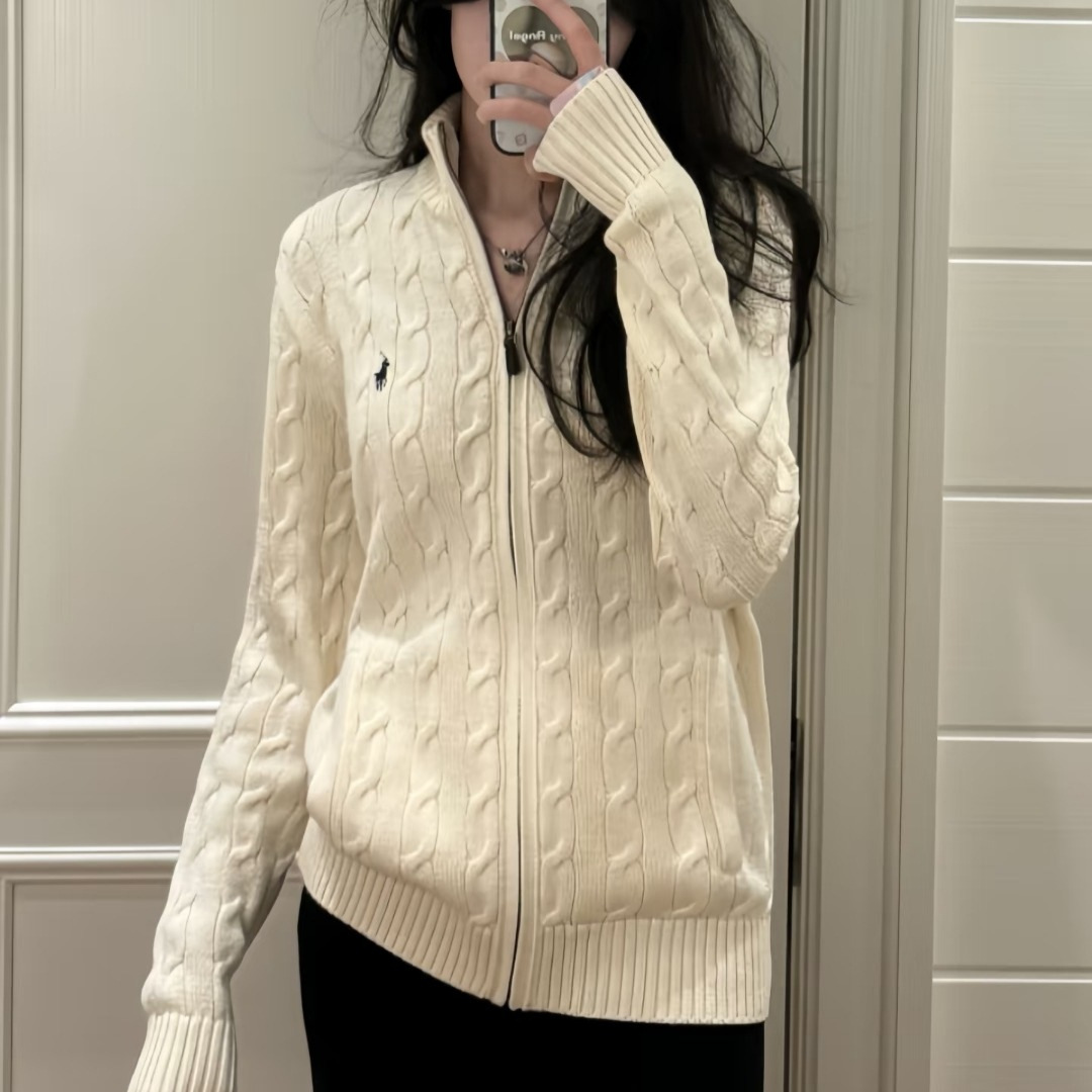 Cross-Border Scanable Rl Laff Full-Zip Pony Embroidered Cable Knit Sweater Unisex Cable Coat