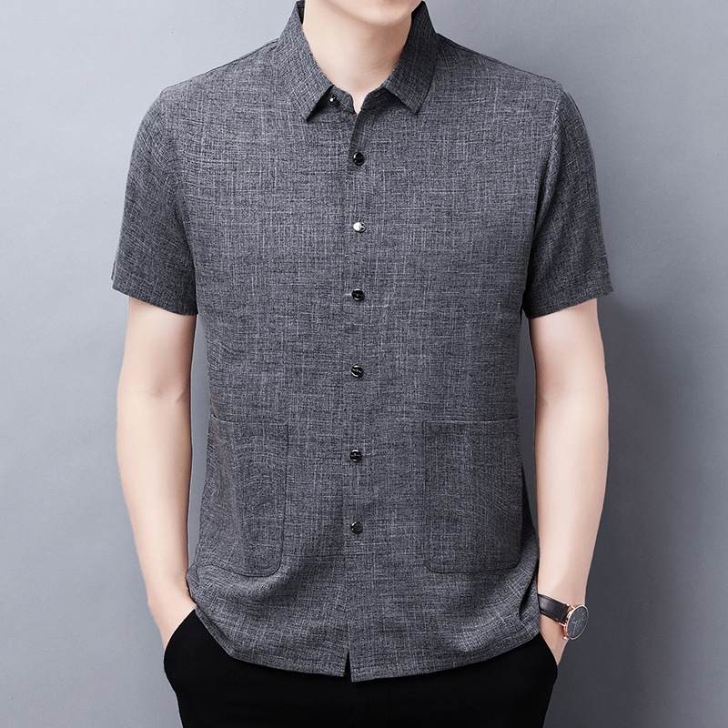 Short-sleeved Shirt Men's Solid Color Cotton And Linen Middle-aged Father's Shirt Business Lapel Chinese Style Tang Suit