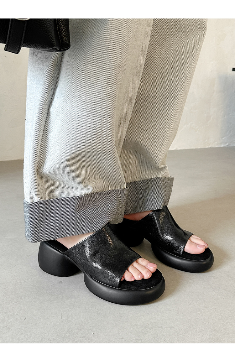 Dép lê nữ da cừu đế dày 7 cm, sandal hở mũi tăng chiều cao — đen chi tiết 21