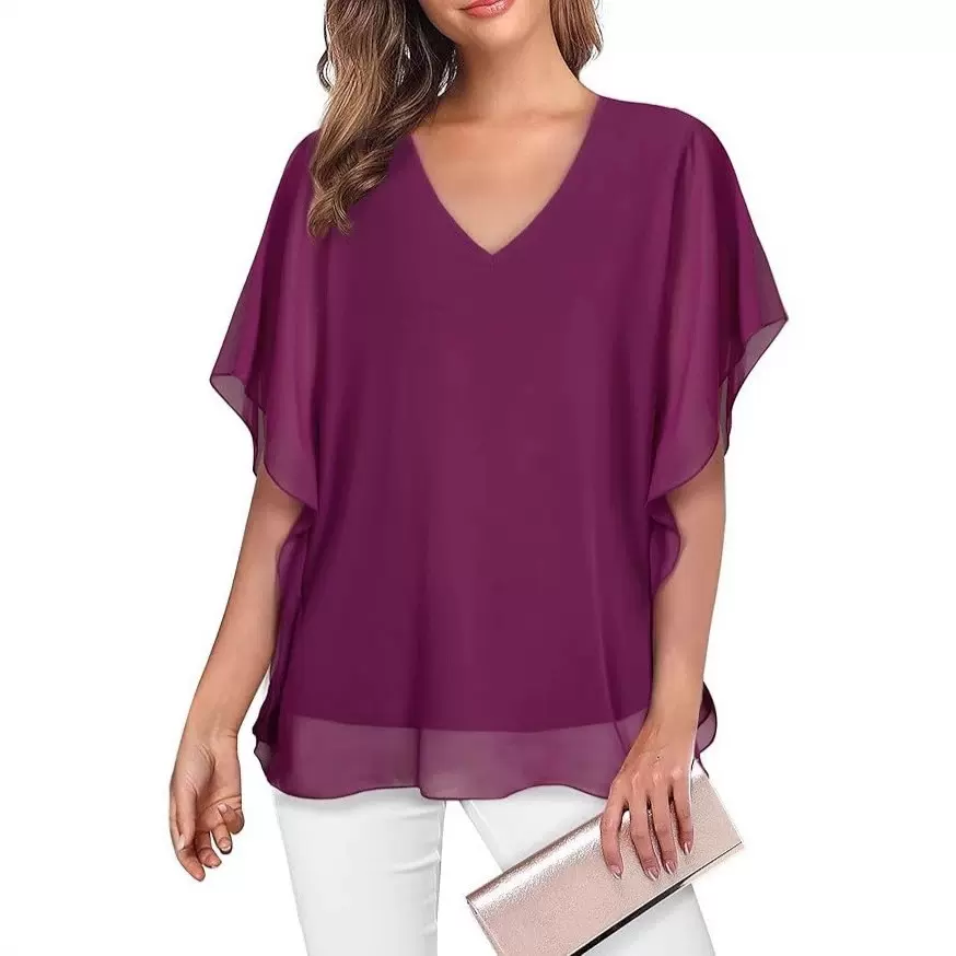 欧美女装亚马逊春夏新款  休闲宽松荷叶边 V领印花飞飞袖女士衬衫