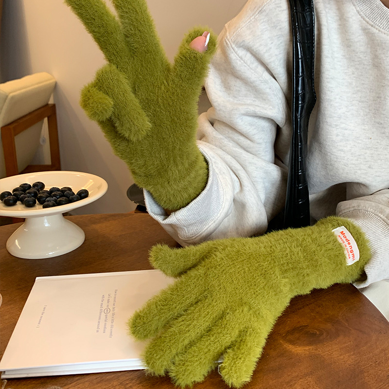 Japanese Cute Plush Gloves Women's Winter Warm Cold-proof Long Gloves Touch Screen Christmas Snow Atmosphere
