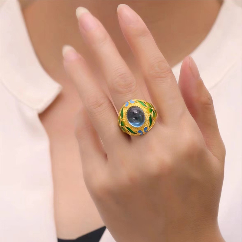 ベトナムの砂金エナメル蝶の花の指輪をまねるレトロな女性の指輪は金のエナメルの指輪のアクセサリーの生放送の金をめっきします。|undefined