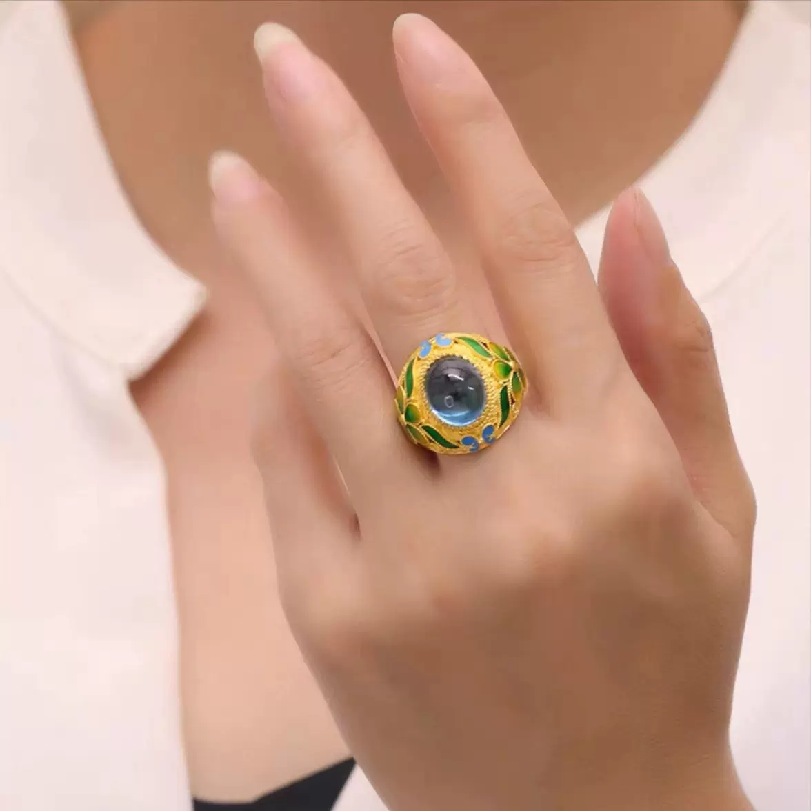 仿越南沙金珐琅蝶恋花戒指复古女款指环镀仿金珐琅戒指首饰直播款