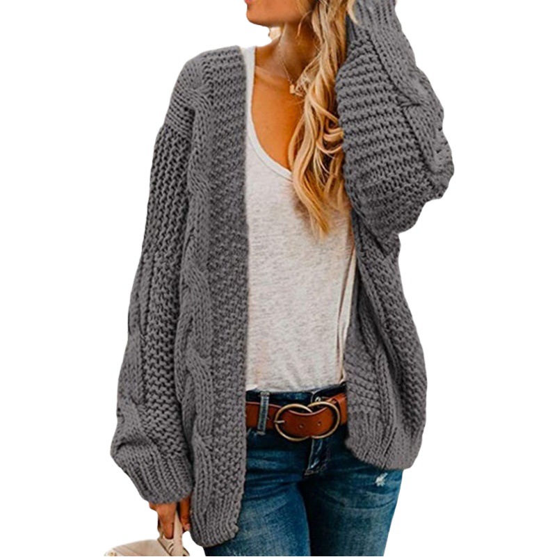 Directo de fábrica transfronteriza Europea y Americana Comercio Exterior Nueva aguja gruesa giro perezoso punto cardigan color sólido abrigo suelto para las mujeres image 1