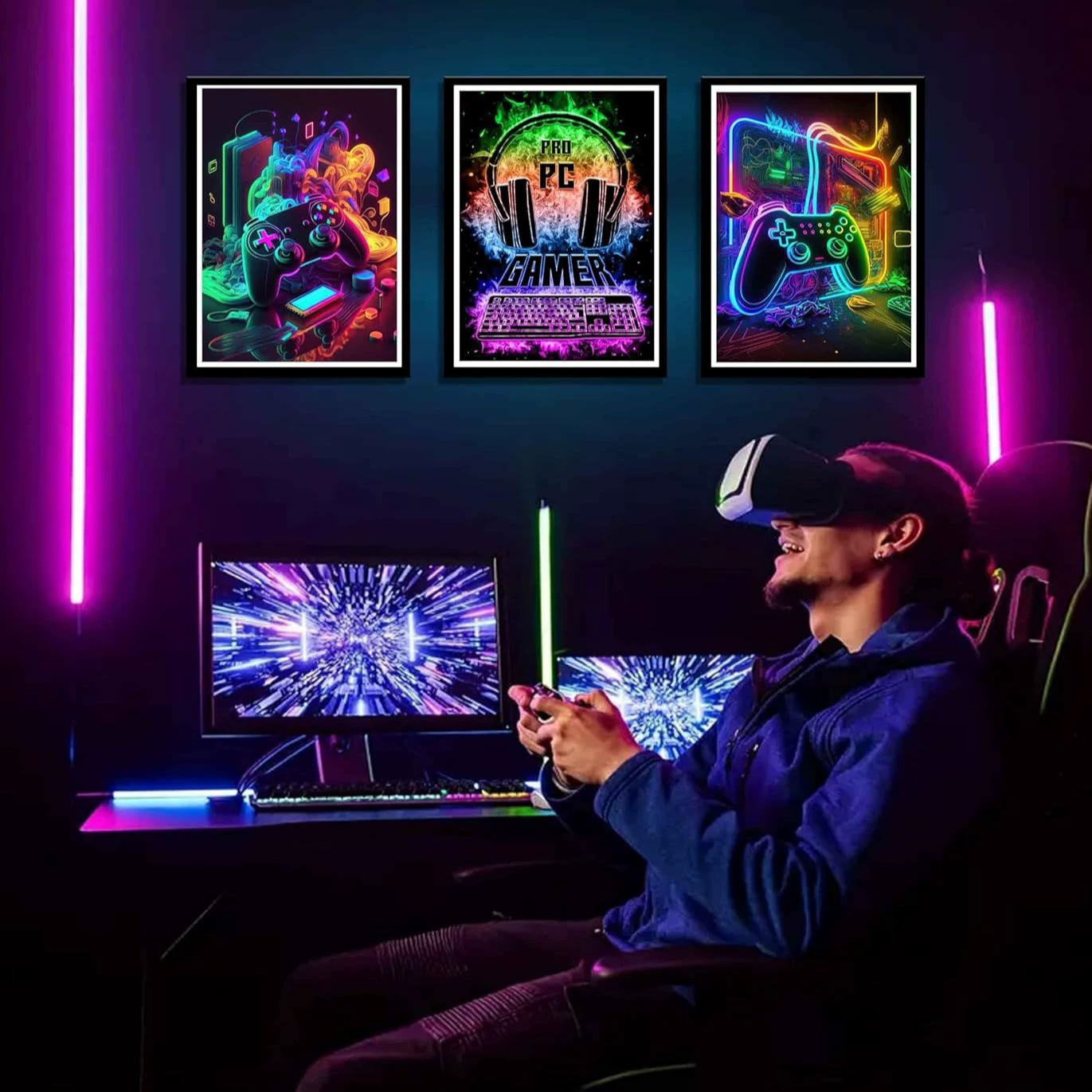 Картина маслом высокого разрешения «тройной крутой» — игровая e-sports-гарнитура, холст, для подростковой игровой комнаты, настенная декорация, распылённая живопись
