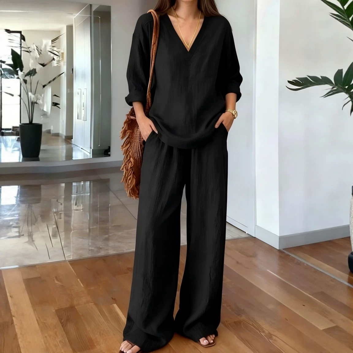 New Women's Casual Washed Cotton Suit V Neck Pullover Long Sleeved Plus Size Length Pants_voghion.com