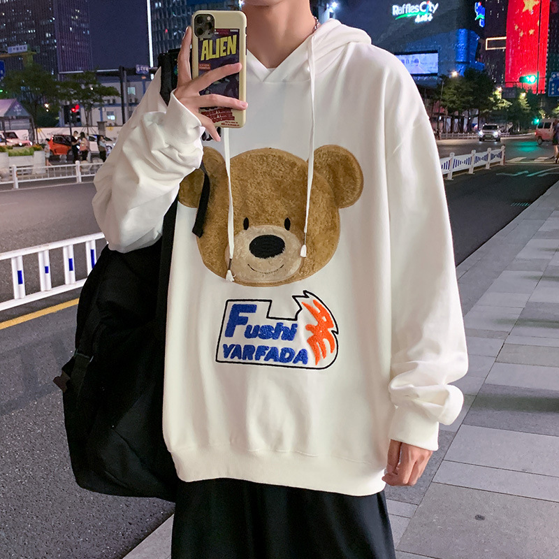 Men's Hooded Sweatshirt 2021 Spring and Autumn Korean Style Trendy Loose Plush Bear Embroidered Sweatshirt Couple Pullover Hoodie Men