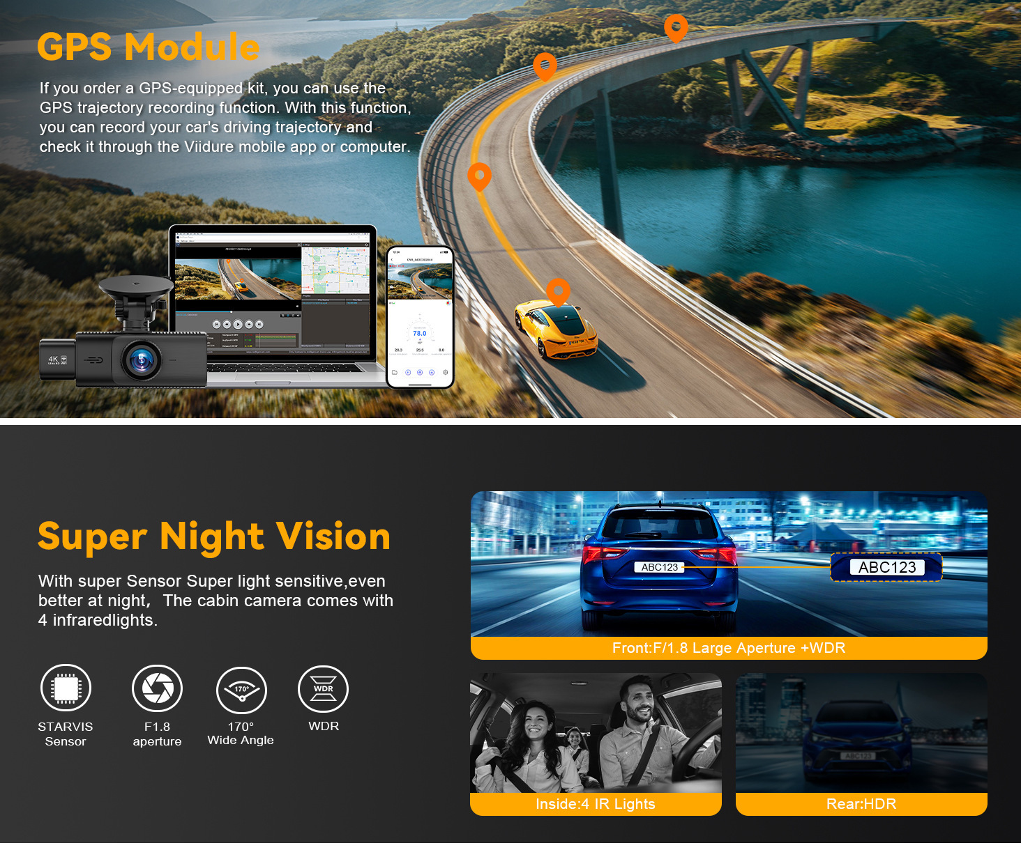 Cross-border 4K triple-camera dashcam with GPS tracking, wide-angle night vision, three-lens WIFI recorder, and reverse camera