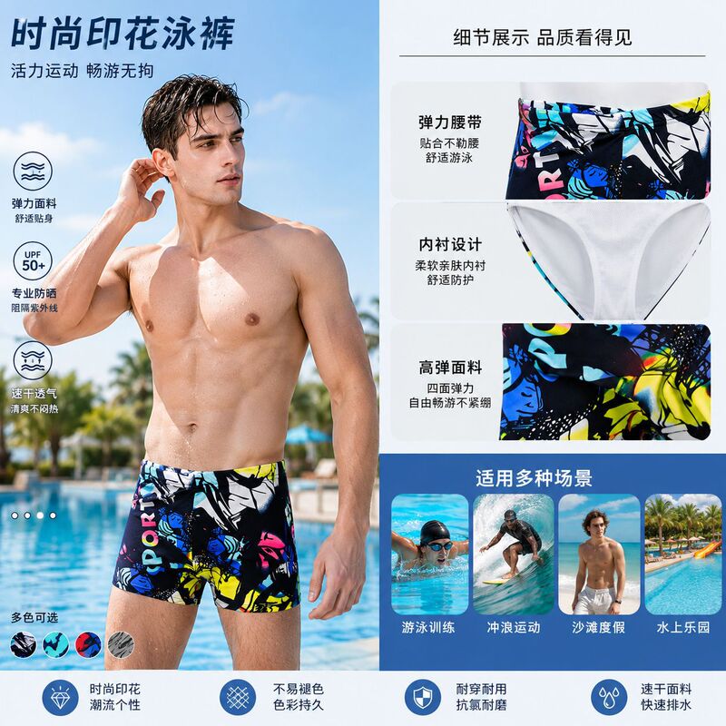 Various colors and patterns of men's boxer swim trunks, printed quick-dry beach shorts, elastic drawstring casual sports shorts Various colors and patterns of men's boxer swim trunks, printed quick-dry beach shorts, elastic drawstring casual sports shorts
