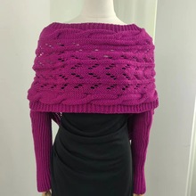 2025新秋冬亚马逊跨境腈纶毛线围巾欧美麻花镂空加长双袖披肩围脖