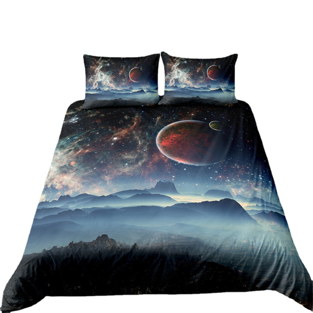 Ensemble de literie trois pièces ciel étoilé univers imprimé numérique, housse de couette et taie d'oreiller personnalisables_voghion.com