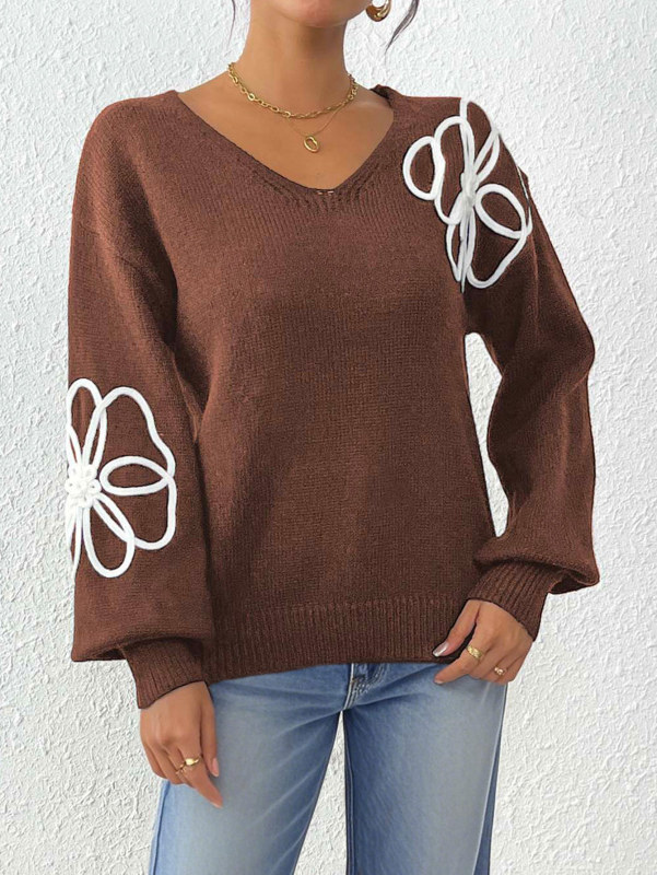 レディーストップスヨーロッパとアメリカの女性の花リボン刺繍不規則な刺繍セーターVネックプルオーバーカジュアルセーター|undefined