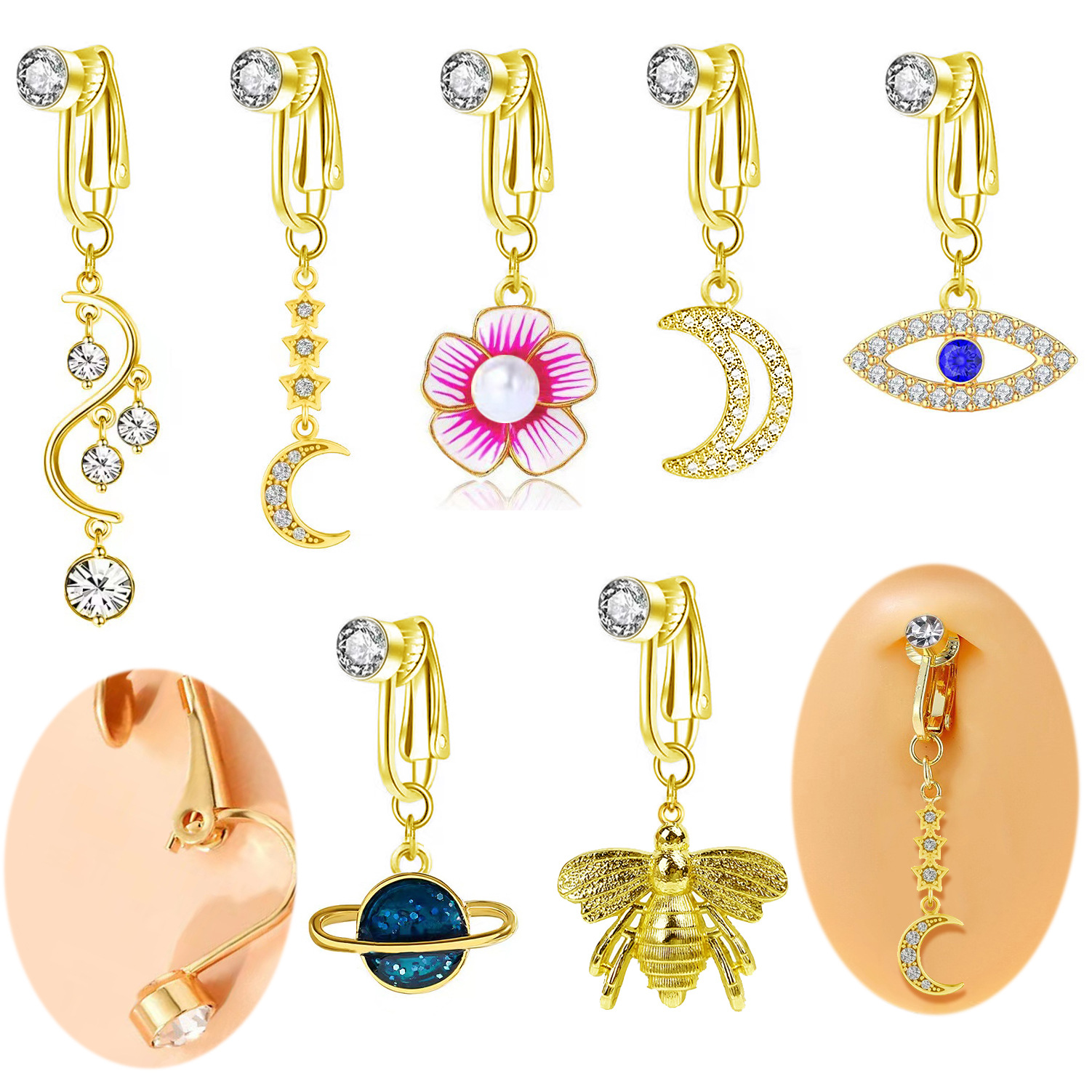 No-piercing Moon Flower And Bee Belly Button Clip With Crystals_voghion.com